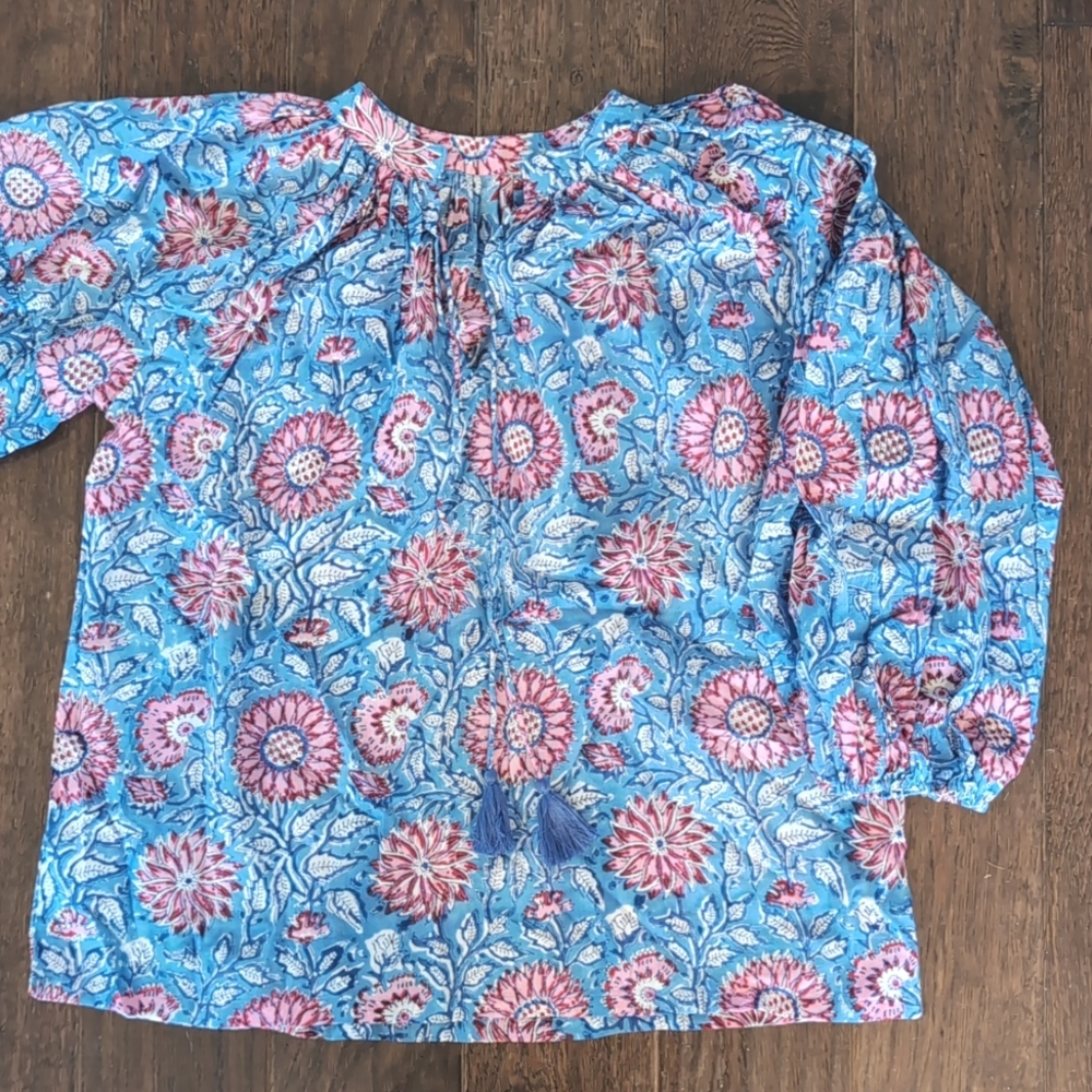 Blockprint Blouse Blue Red Pink Flowy Top